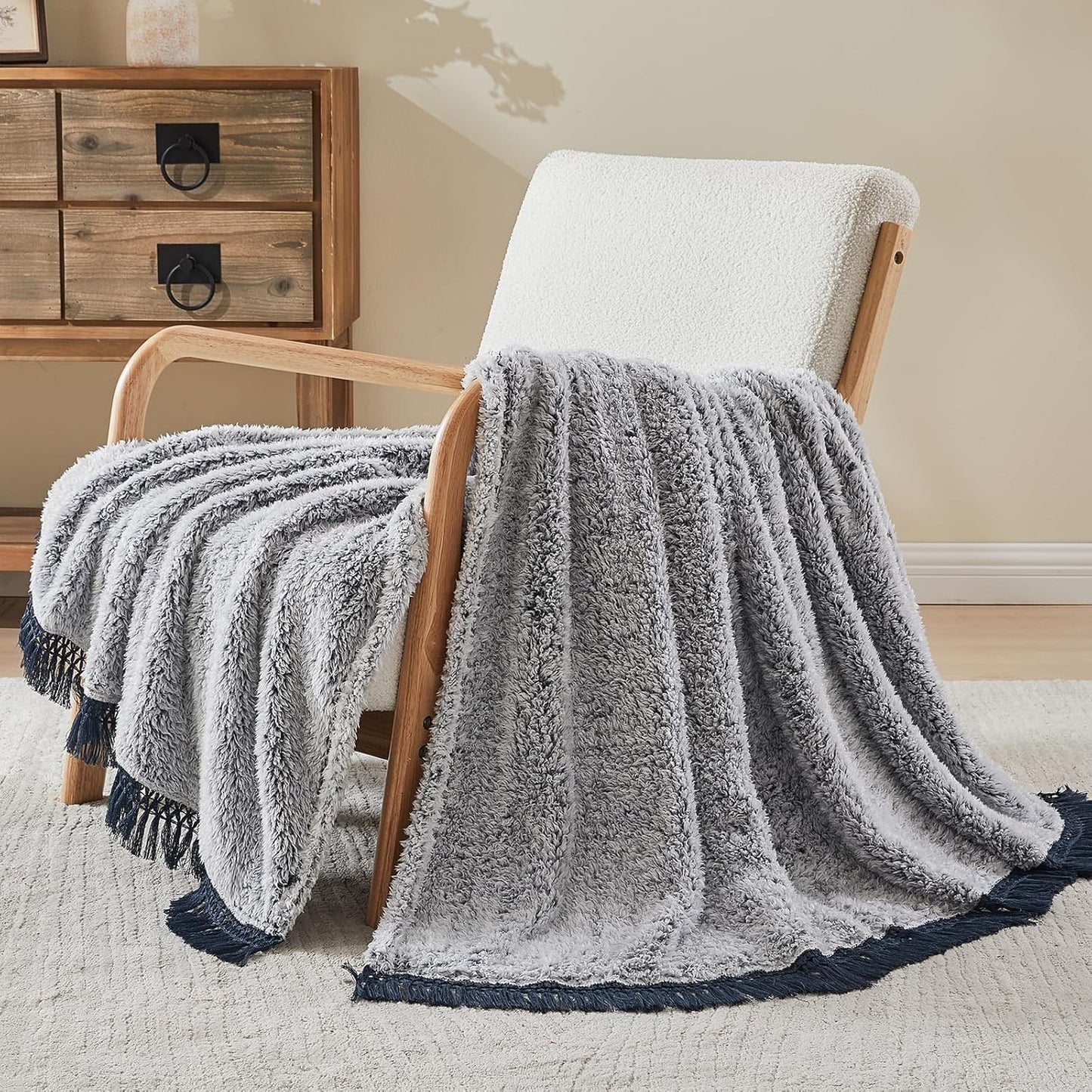 EMME Soft Sherpa Fleece Blanket with Tassel, Reversible Plush Fluffy Large Blanket, Light Weight Warm Decorative Boho Blanket Cover for Sofa, Couch, Bedroom,Travel(Tassel Navy,60"x80")