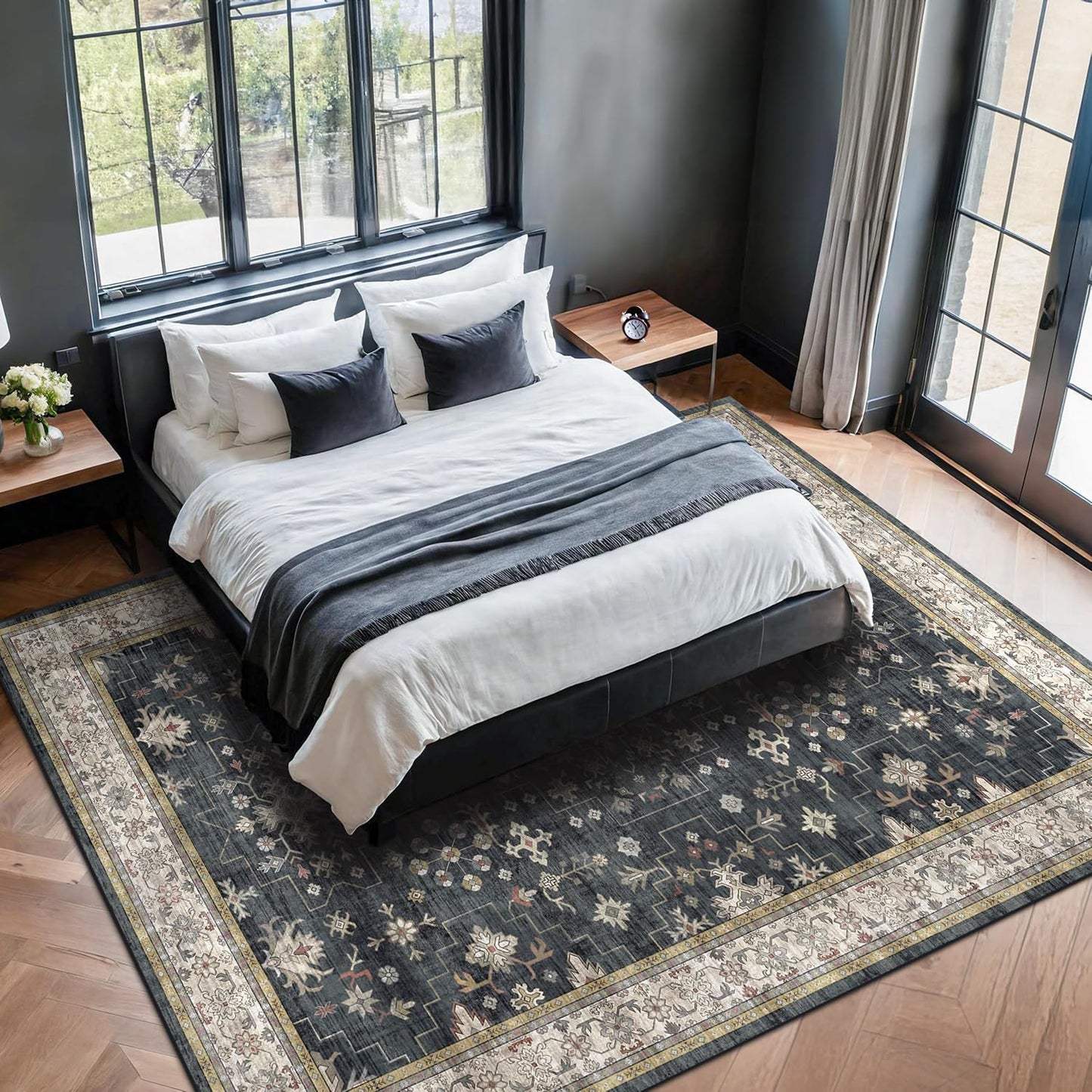 Black Farmhouse Washable 7x10 Area Rugs for Living Room, Bedroom, Dining Room Table, Dark Charcoal Stain Resistant Non-Slip Large Washable