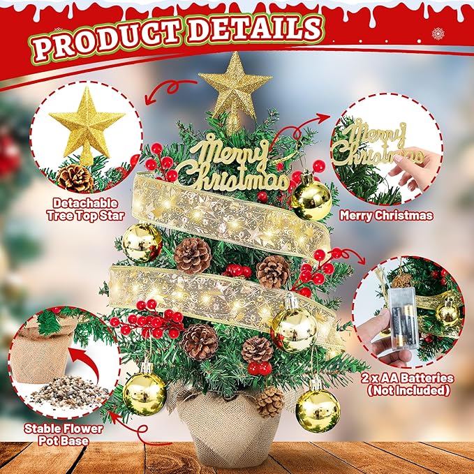 2FT Tabletop Mini Christmas Tree, 24 Inch Small Artificial Christmas Tree with Silk Ribbon Light, Star Treetop, DIY Ornaments, New Xmas Pine Tree Decoration for Kid Friend Family Holiday Home Office