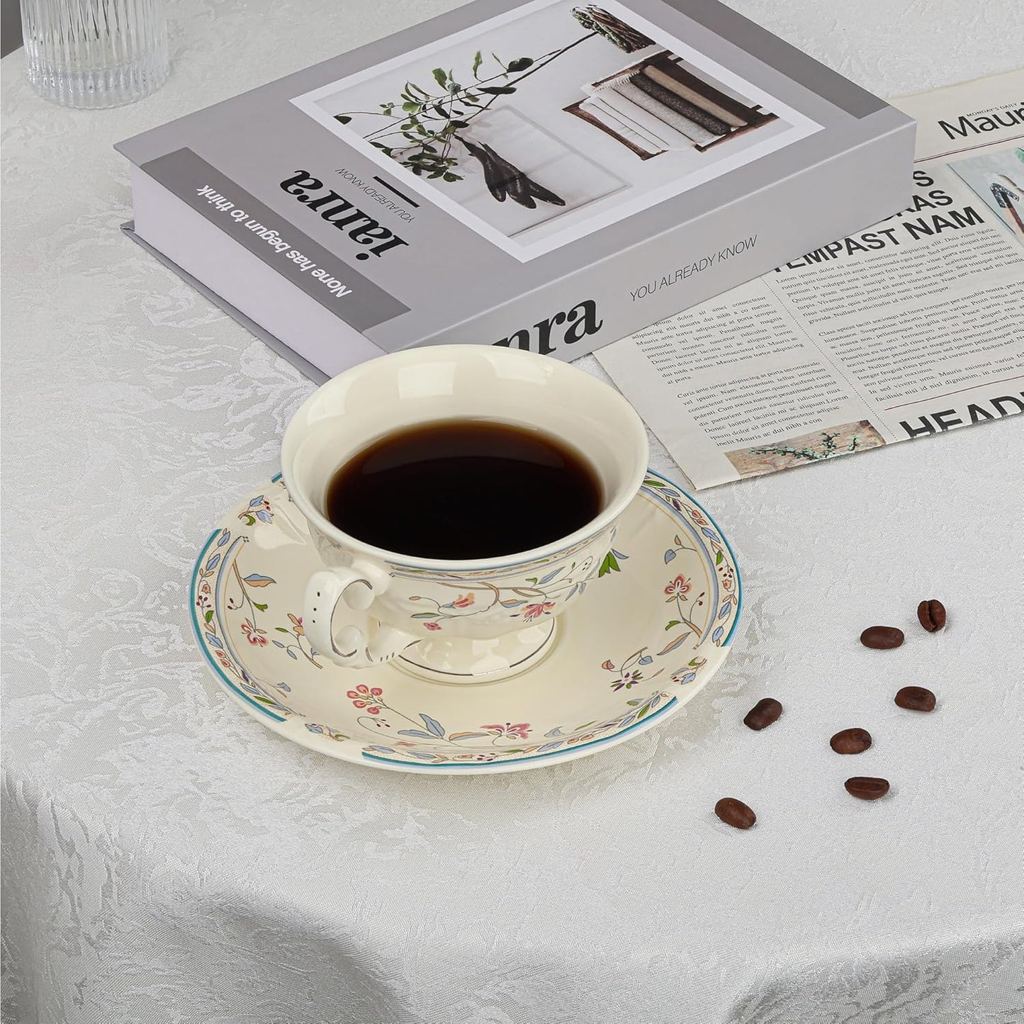 fanquare Vines Floral Tea Cup and Saucer for 1, 6 Ounces Ceramic Coffee Cup with Blue Trim, Colorful Leaves Teacups for Milk Cappuccino Latte Women and Tea Parties