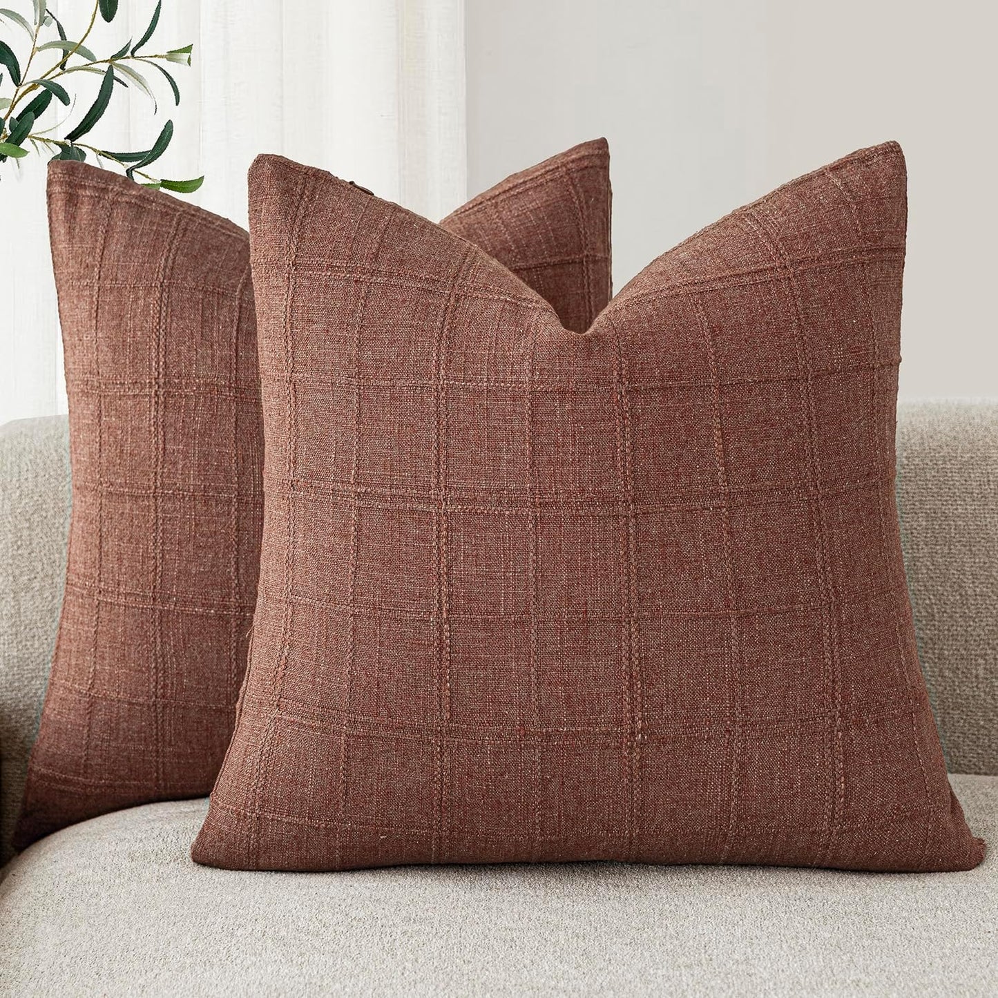 Foindtower Set of 2 Decorative Linen Check Throw Pillow Covers Neutral Farmhouse Vintage Cushion Covers Modern Boho Home Decor for Sofa Chair Couch Bedroom Living Room,18×18 Inch,Autumnal Red
