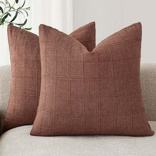 Foindtower Set of 2 Decorative Linen Check Throw Pillow Covers Neutral Farmhouse Vintage Cushion Covers Modern Boho Home Decor for Sofa Chair Couch Bedroom Living Room,24×24 Inch,Autumnal Red