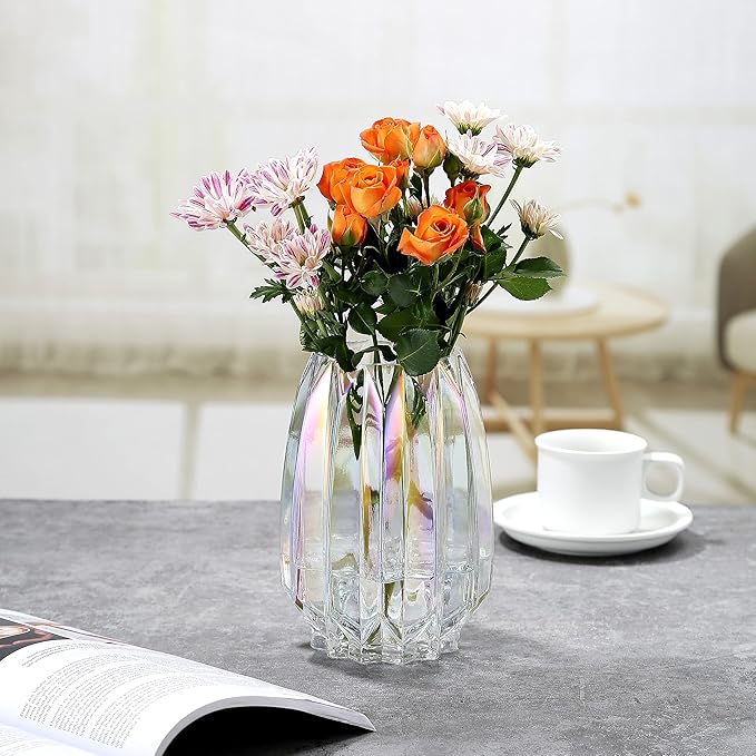 Colored Glass Vase Modern Ribbed Glass Vase for Flowers, Candles, and Decorative Accents - Tall/Short Glass Vase for Centerpieces Home Table Decor(Colored H7.87inch)