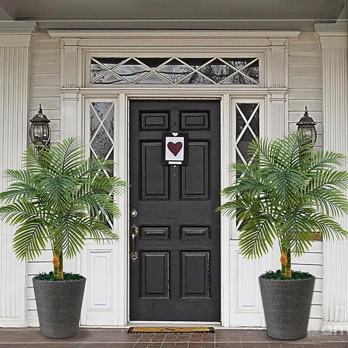 2PCS Artificial Palm Tree Indoor Plant 4FT Tall Fake Tropical Palm Tree in Pot with Real Bark Design Faux Areca Palm Tree for Home Office Living Room Bedroom Farmhouse Outdoor Decor (Black, 4FT-2PCs)