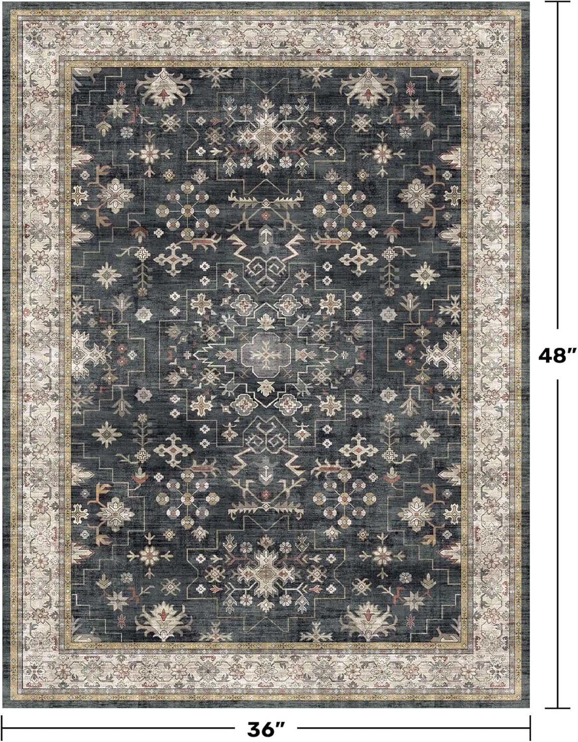 Black Boho Washable Entry Rug, 3x4 Rugs for Entryway Kitchen Bathroom Door Mat Indoor Entrance, Non Slip Rubber Backing, Stain & Fade Resistant, Ashen Charcoal Floral Design