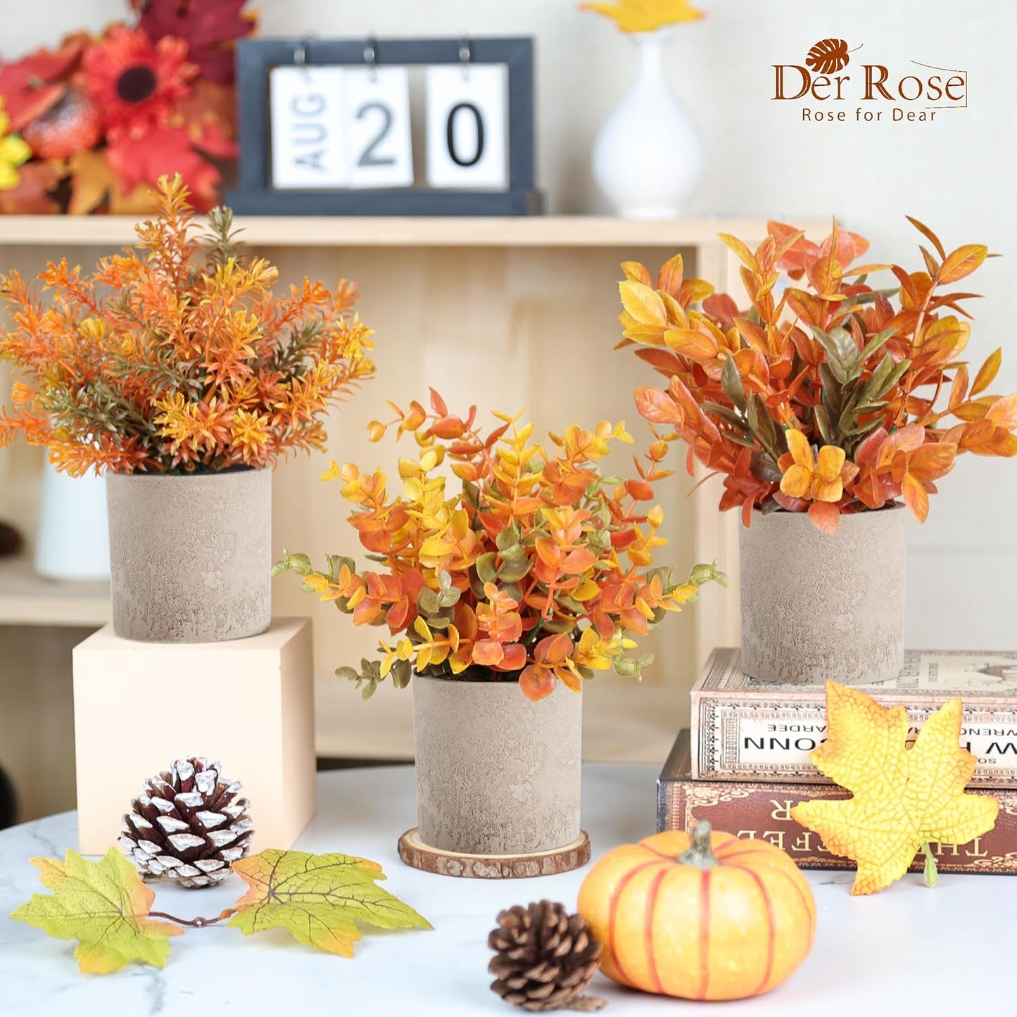 Der Rose 3 Pack Fall Mini Potted Fake Plants Artificial Plastic Eucalyptus Plants Topiaries Fall Decorations for Home Office Desk Farmhouse Room Bathroom Fall Decor