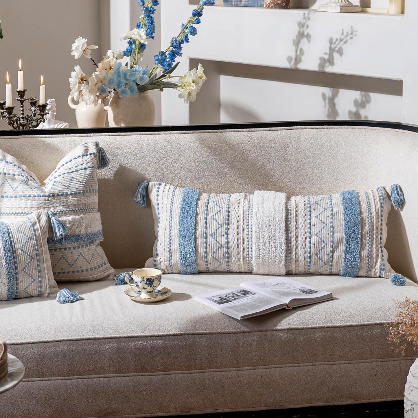 BlissBlush Blue Decorative Lumbar Throw Pillow Cover 14x36 Boho Long Cushion for Bed Neutral White Accent Farmhouse Pillowcase for Bedroom Living Room Couch Sofa Home Décor (Cover ONLY, Pack of 1)