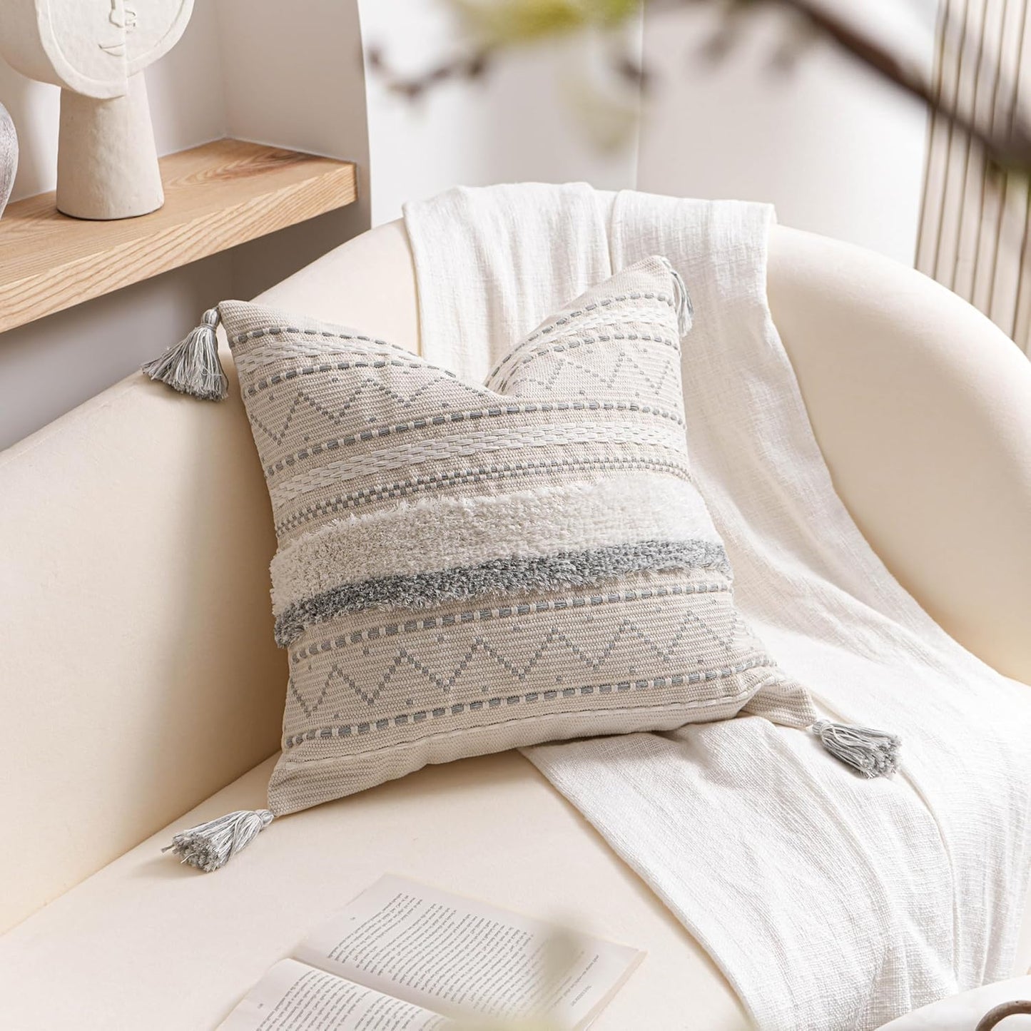 BlissBlush Gray Decorative Throw Pillow Cover 18x18 Square Boho Neutral White Accent Pillowcase Tassels Farmhouse Cushion for Couch Sofa Bedroom Living Room Home Décor (Cover ONLY, Pack of 1)