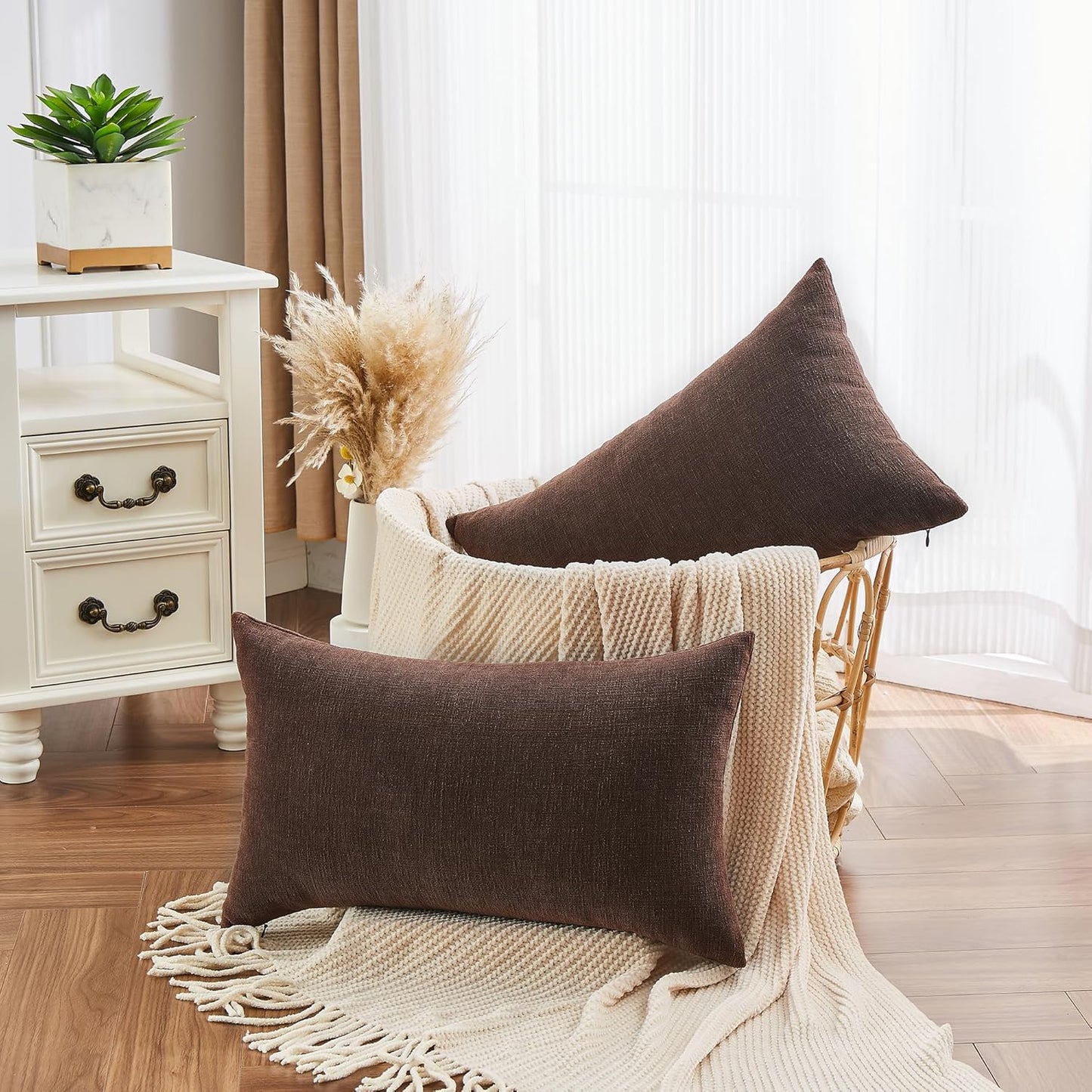 GAWAMAY Lumbar Decorative Throw Pillow Covers 12"x20" Inch Set of 2, Super Soft Chenille Rectangle Pillowcase for Living Room Bedroom Sofa Couch Cushion Support Pillow Cover 30x50cm Coffee (No Insert)