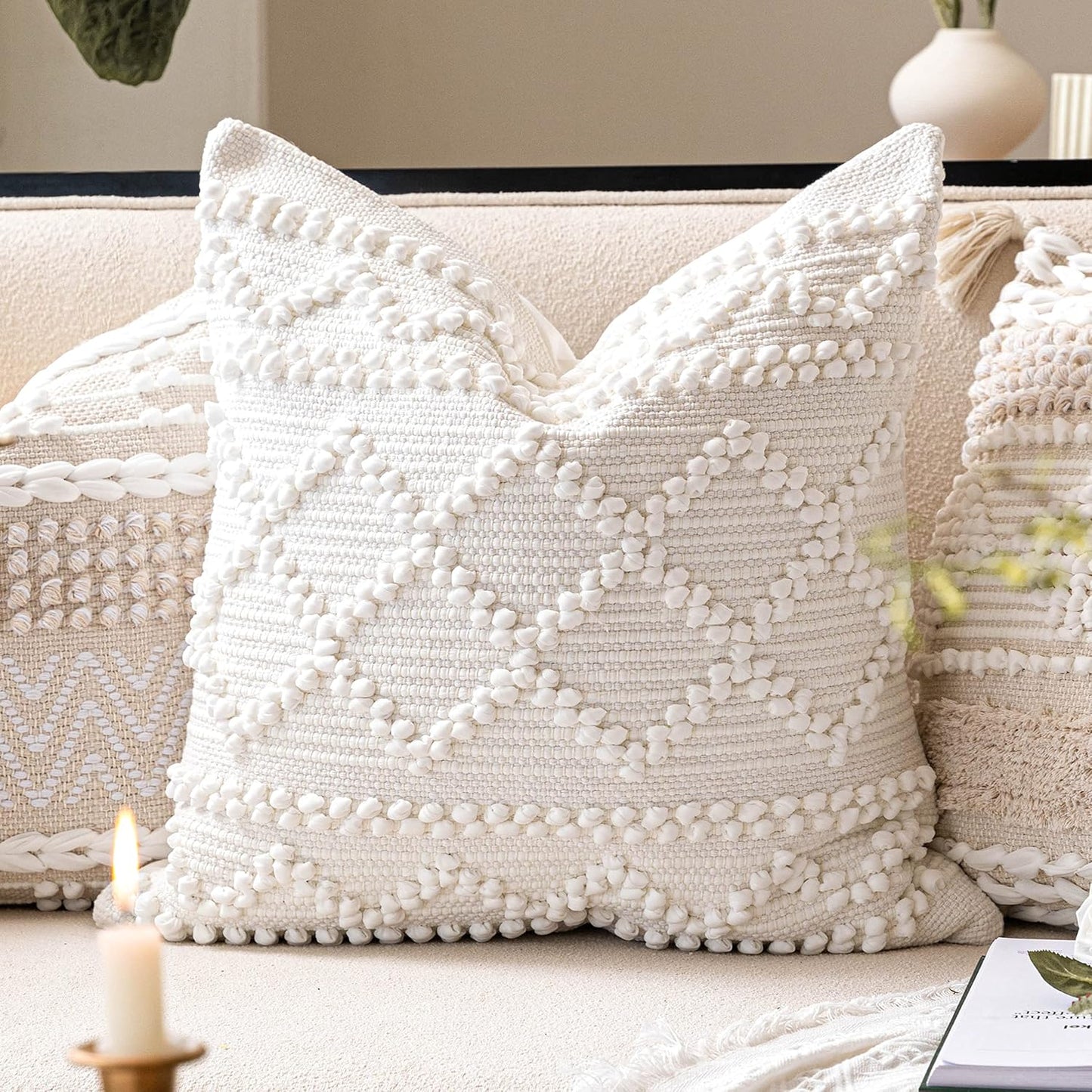 BlissBlush Pure White Decorative Throw Pillow Cover 22X22, Boho Accent Pillow for Couch, Square Modern Farmhouse Pillowcase for Living Room Couch Sofa Cushion Home Décor (Pack of 1)