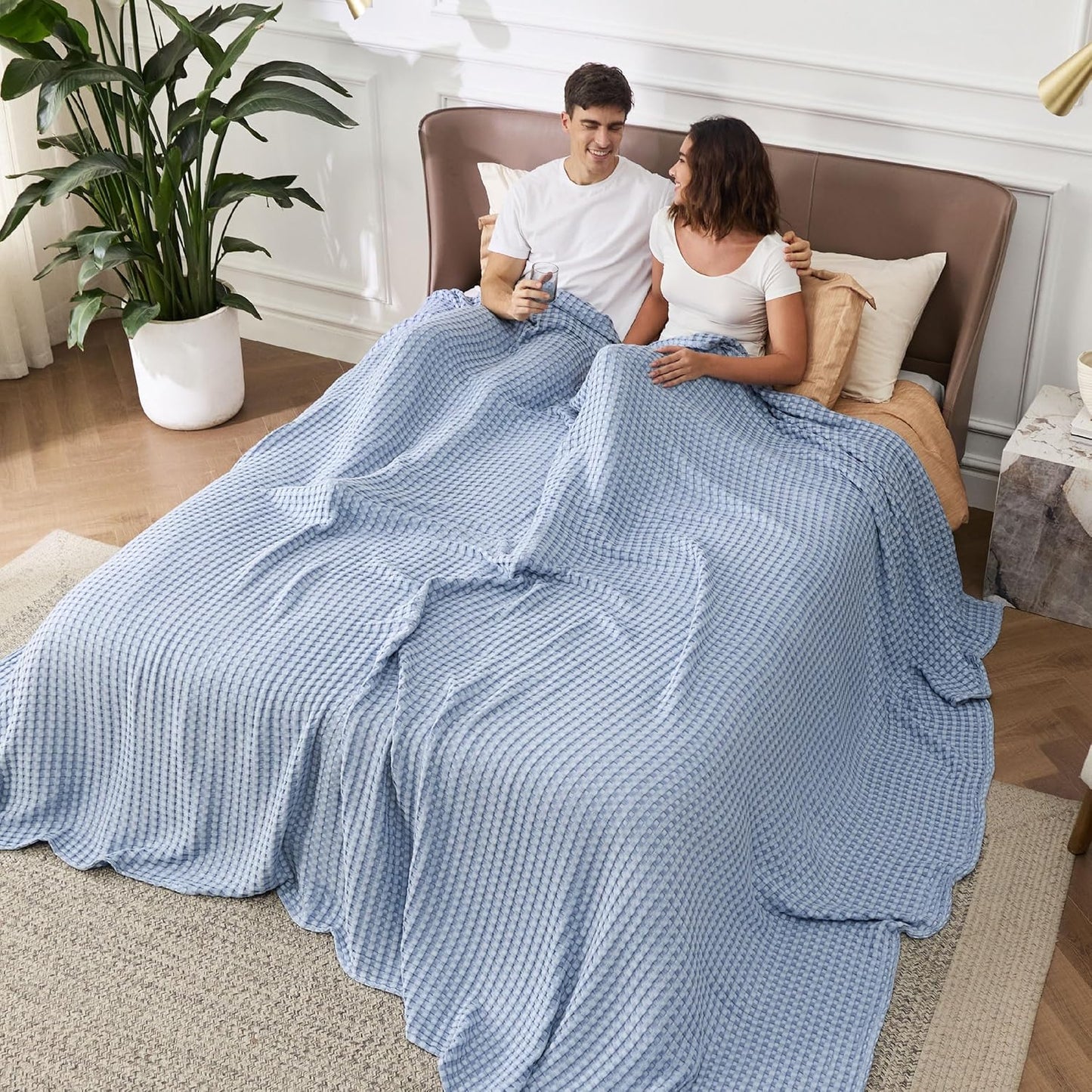 Bedsure Cooling Cotton Waffle Oversized King Blanket - Lightweight Breathable Rayon Derived from Bamboo for Hot Sleepers, Luxury Throws for Bed and Sofa, Sky Blue, 120x96 Inches