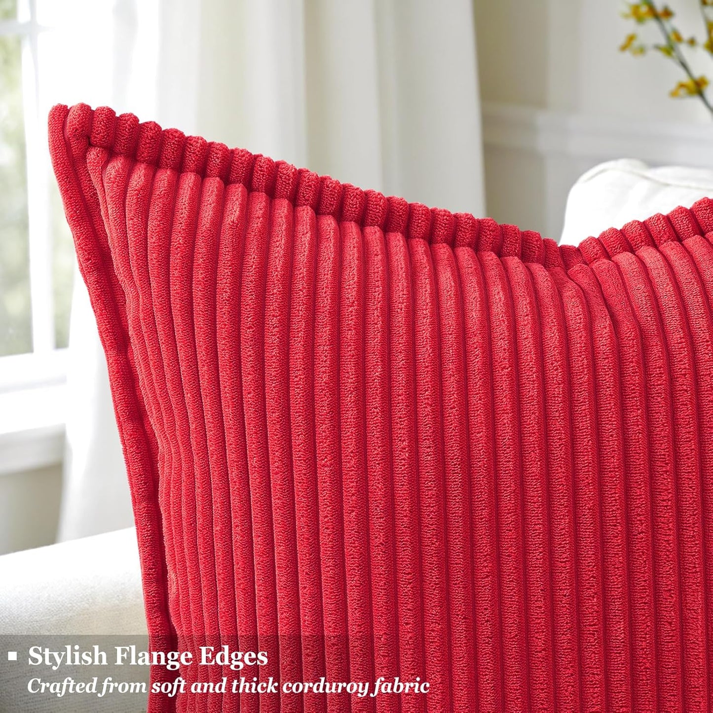 decorUhome Christmas Corduroy Red Throw Pillow Covers 24x24 Set of 2 Decorative Soft Boho Farmhouse Euro Couch Pillow Covers for Living Room Bed Sofa Broadside Striped Pillow Cases