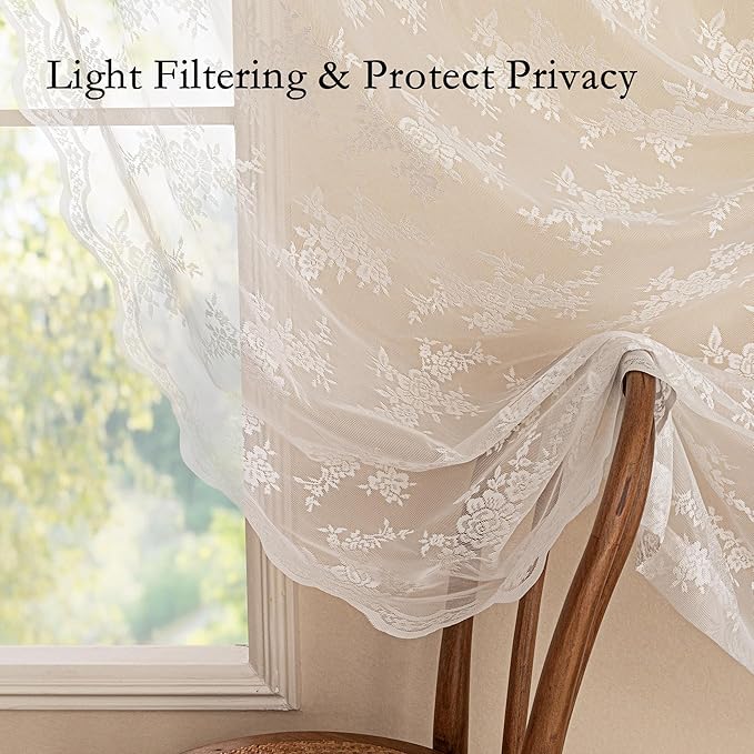 MEETSKY Short Lace Curtains 54 Inches Long Vintage Sheer Kitchen Curtains for Small Windows Back Tab Rod Pocket French Elegant Light Filtering Drapes, 50" W Each Panel, White, Set of 2