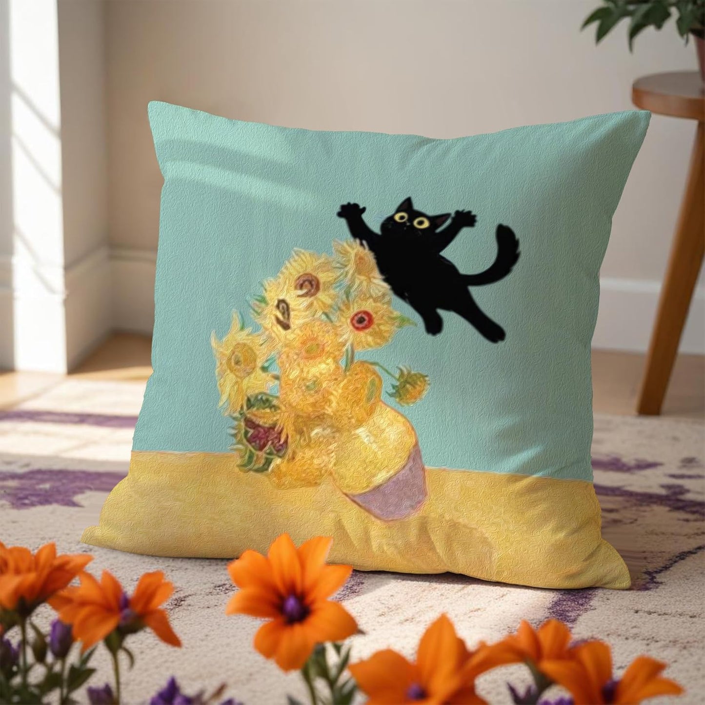 Floral Black Cat Pillow Covers 18x18, Cats Lovers Mom Grandma Gifts for Mother's Day, Funny Van Gogh Sunflower Black Cat Art Pillow Covers for Home Bedroom Living Room Office Decor