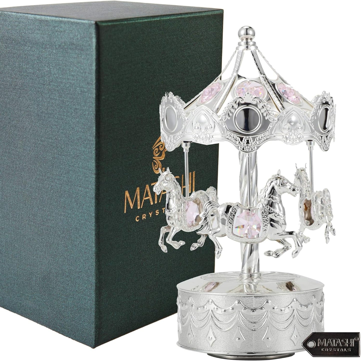 Matashi Tabletop Crystal Studded Music Box Carousel w/Horses Figurine – Silver Plated Decorative Showpiece – Unique Idea for Mothers Day, Valentines - Gift for Mom, Wife, Grandma – It’s A Small World