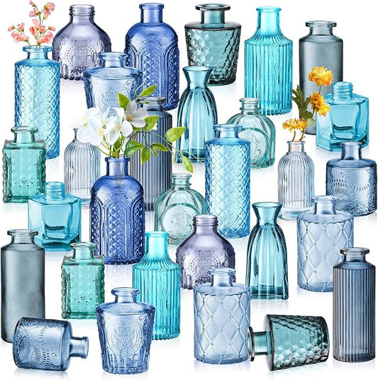 Yaomiao 30 Pcs Vases Bulk Colored Flower Glass Vases Bud Vintage Colored Glass Bottles Colorful Rustic Embossed for Home Wedding Table Decorations Gifts(Blue Series)