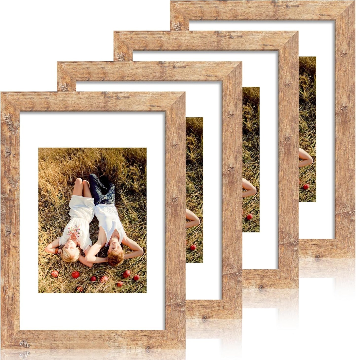 iRahmen 8x12 Picture Frame Set of 4 with High Definition Real Glass, Display 6x8 Pictures with Mat or 8 x 12 Without Mat, Rustic Brown Wood Photo Frames for Tabletop and Wall Mounting