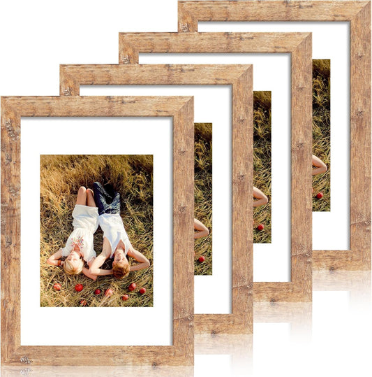 iRahmen 8x12 Picture Frame Set of 4 with High Definition Real Glass, Display 6x8 Pictures with Mat or 8 x 12 Without Mat, Rustic Brown Wood Photo Frames for Tabletop and Wall Mounting