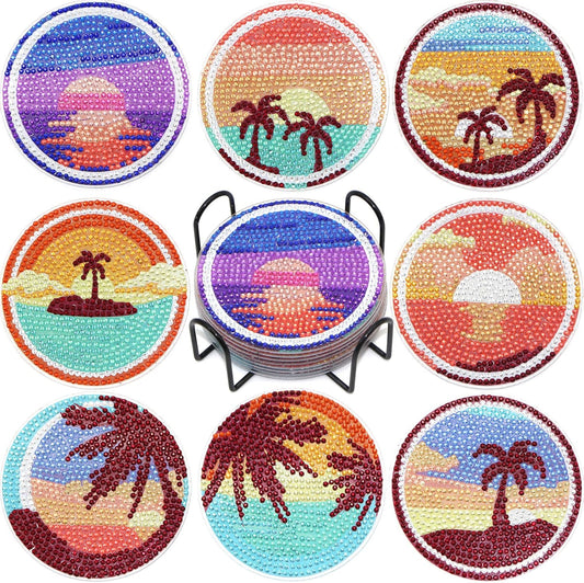 Diamond Art Coasters Kit with Holder, 8 Pcs Diamond Art Coasters for Adults Kids Beginners Crafts Gifts (Setting-Sun)