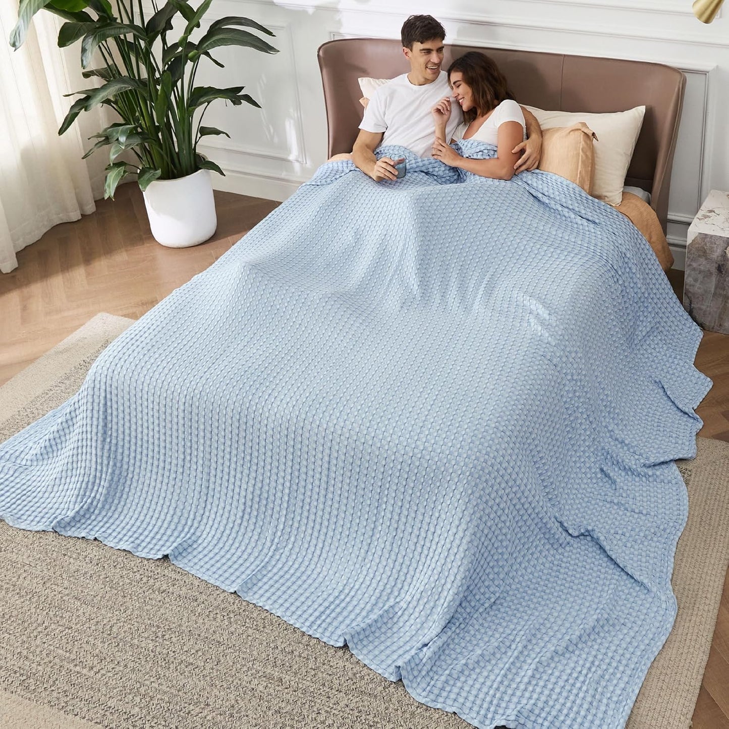 Bedsure Cooling Cotton Waffle Oversized King Blanket - Lightweight Breathable Rayon Derived from Bamboo for Hot Sleepers, Luxury Throws for Bed and Sofa, Blue, 120x96 Inches