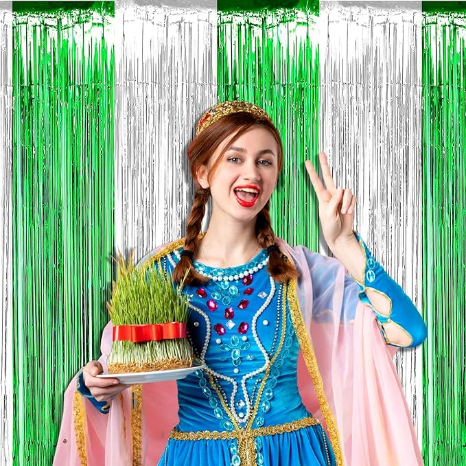 4 Pack Silver Green Foil Fringe Curtain Backdrop, 3.28Ft x 9.8Ft Metallic Tinsel Foil Fringe Streamers Curtains for Photo Booth, Wedding, Mardi Gras, Birthday Carnival St Patrick Day Party Decoration