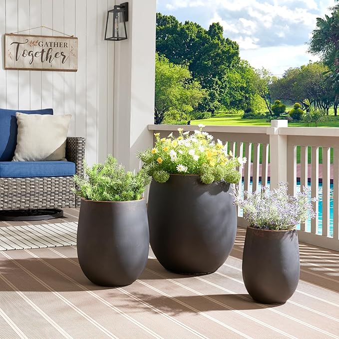 Wallowa 17.7"+13.3"+9.5" Dia Round Concrete Planter Set of 3, Large Outdoor Planter, Black with Gold Rim, Flower Pots with Drainage Holes for Garden, Patio, Home, Office