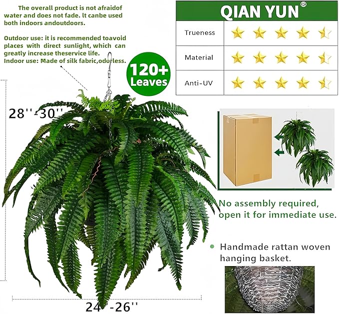 QIANYUN Outdoor Artificial Plants-2PCS Artificial Outdoor Hanging Fern Faux Greenery UV Resistant Plastic Plants for Front Porch Living Room Garden Decor- Including Hanging Planters (Dark Green)