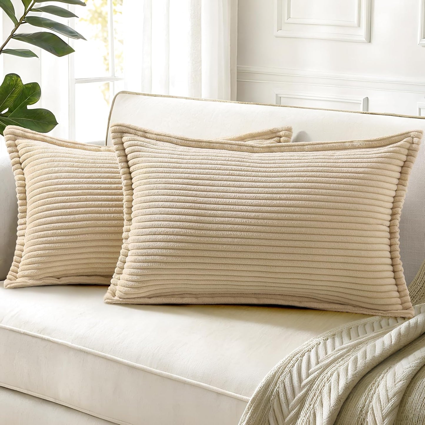 decorUhome Corduroy Beige Throw Pillow Covers 12x20 Set of 2 Decorative Soft Boho Farmhouse Lumbar Euro Couch Pillow Covers for Living Room Bed Sofa Broadside Striped Pillow Cases