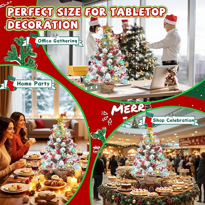 24 Inch Tabletop Christmas Tree with Colorful LED Lights, Snow Flocked Mini Xmas Tree with Ornaments, Pinecones, Berries, Burlap Pot Base, Battery Powered for Holiday Decor Office, Indoor Display
