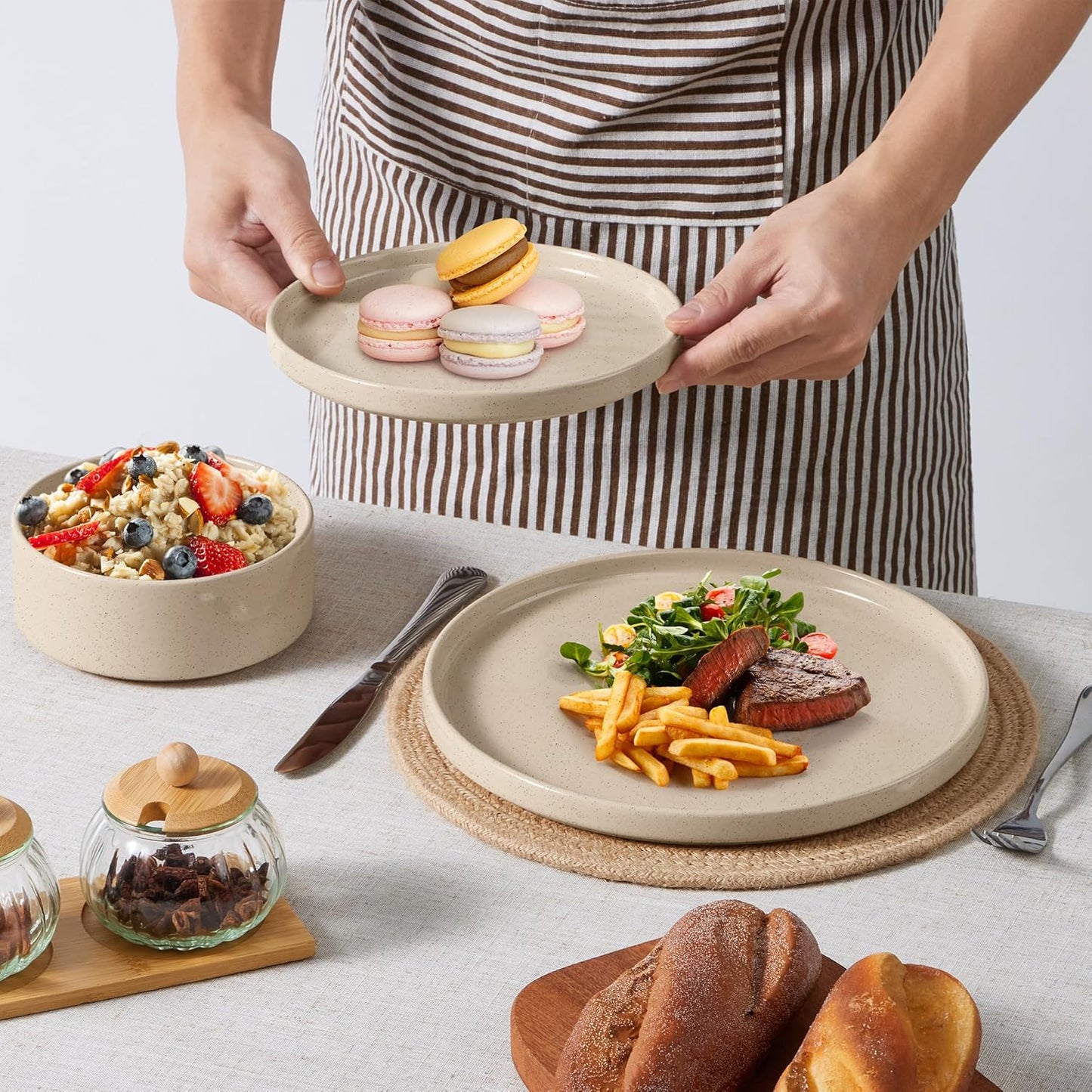 E-far Dinnerware Sets for 8, 24-Piece Stoneware Plates and Bowls Dish Set, Modern Kitchen Dinning Dishware, Chip and Scratch Resistant, Microwave & Dishwasher Safe, Speckled Khaki