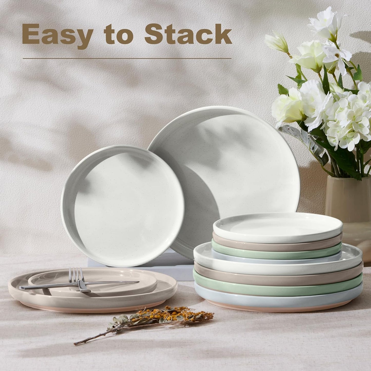 LIANYU Dinner Plates Set of 4, 10.5 Inch Large & Round Porcelain Dinner Plates, Stoneware Dishes Set for Serving Salad, Dessert, Appetizer, Oven, Microwave & Dishwasher Safe, Stackable, Four-color