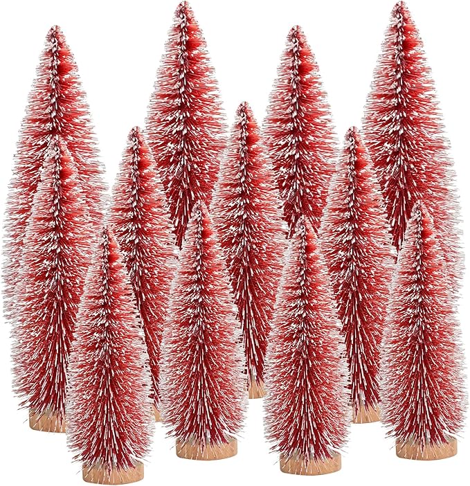12 Pcs Mini Christmas Tree, Tabletop Christmas Tree with Wooden Bases Artificial Mini Tree with 3 Sizes Christmas Table Decor Bottle Brush Trees for Christmas Decorations (Red)
