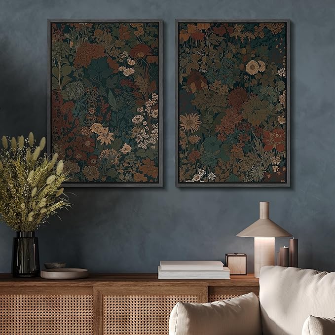 SIGNFORD Framed Canvas Print Wall Art Set Vintage Botanical Floral Dark Green and Rust Toned Illustration Modern Art Decorative Nordic Nature for Living Room, Bedroom, Office - 16"x24"x2 Black