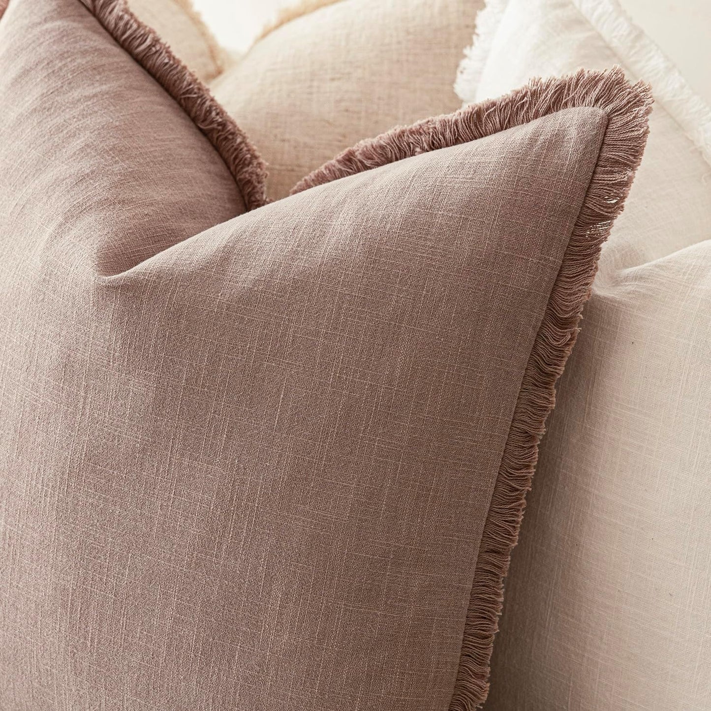 Foindtower Decorative Linen Fringe Throw Pillow Covers Cozy Boho Farmhouse Cushion Cover with Tassels Soft Accent Pillowcase for Chair Sofa Bed Living Room Home Decor, 16×16 Inch,1PC,Dusty Pink