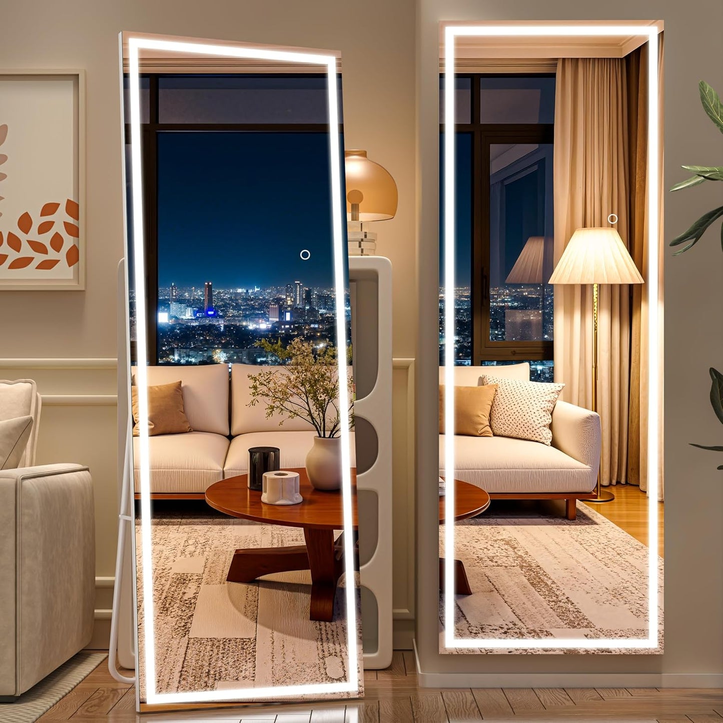 Hasipu Full Length Mirror with Lights, 55.7" x 15.8" LED Floor Mirror, Full Body Dressing Standing, Hanging Mounted Mirrors, Square White, Plastic Frame