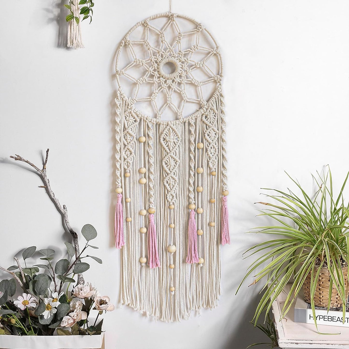 LB Boho Flower Macrame Wall Hanging Pink and Beige Dream Catcher Handmade Woven Cotton Tapestry with Wood Beads Modern Aesthetic Wall Art Decor for Home, Bedroom, Living Room