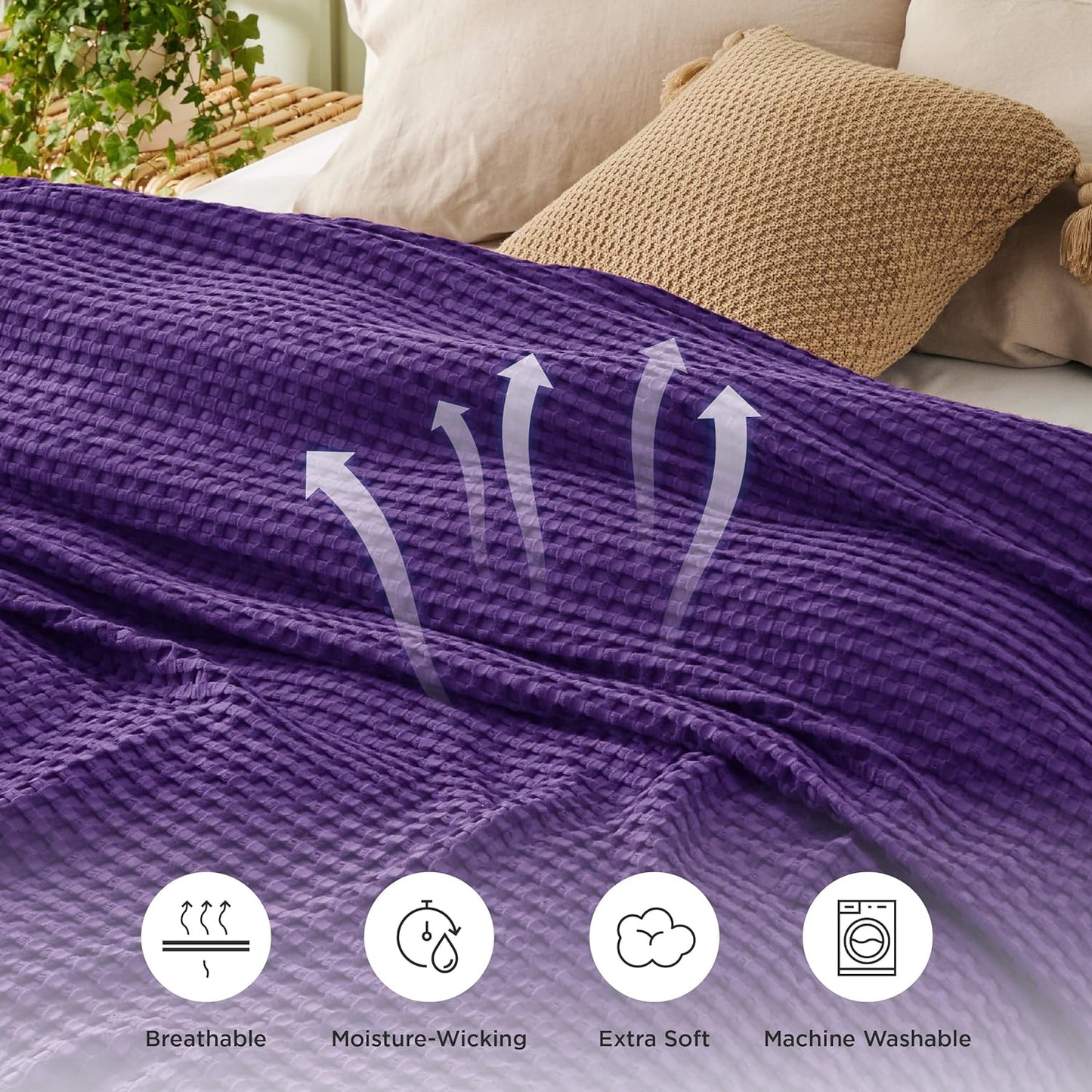 Bedsure Cooling Cotton Waffle King Size Blanket - Lightweight Breathable Blanket of Rayon Derived from Bamboo for Hot Sleepers, Luxury Throws for Bed, Couch and Sofa, Purple, 104x90 Inches