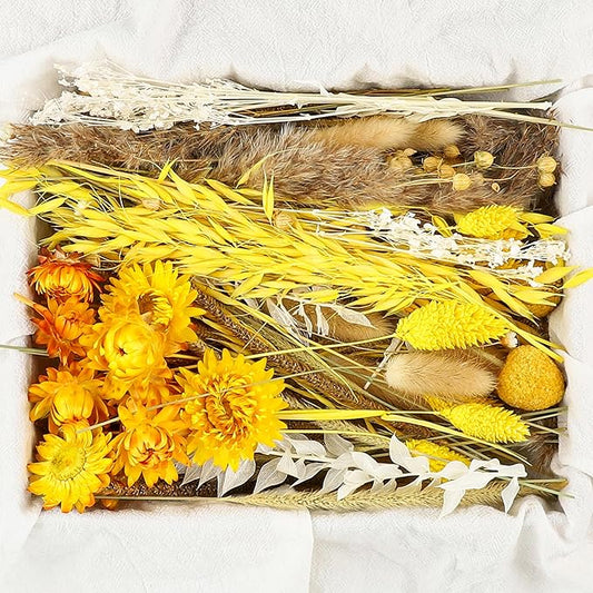 120 Pcs Fall DIY Natural Dried Flowers Set Crafts Mini Dried Florals with Stems Bouquets for Vase Floral Arrangement Handcraft Door Hanging Wreath Table Centrepieces Thanksgiving Decor(Yellow)