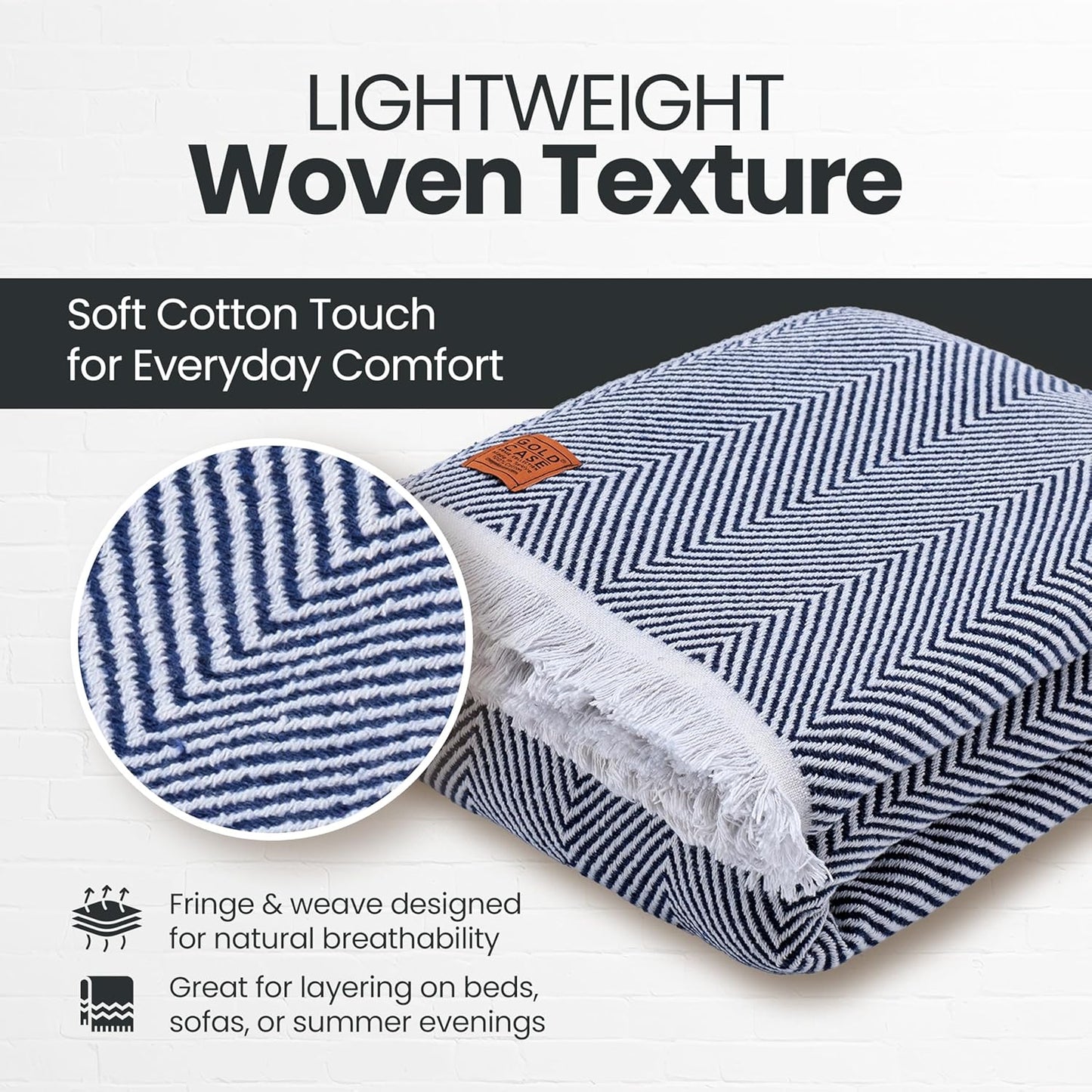 Gold Case Throw Blanket for Bed - 100% Recycled Turkish Cotton Blanket - Elegant Lightweight Soft Throw Blankets for Bed & Living Room - Queen Size Cozy Blankets - 90x90 - Navy Blue