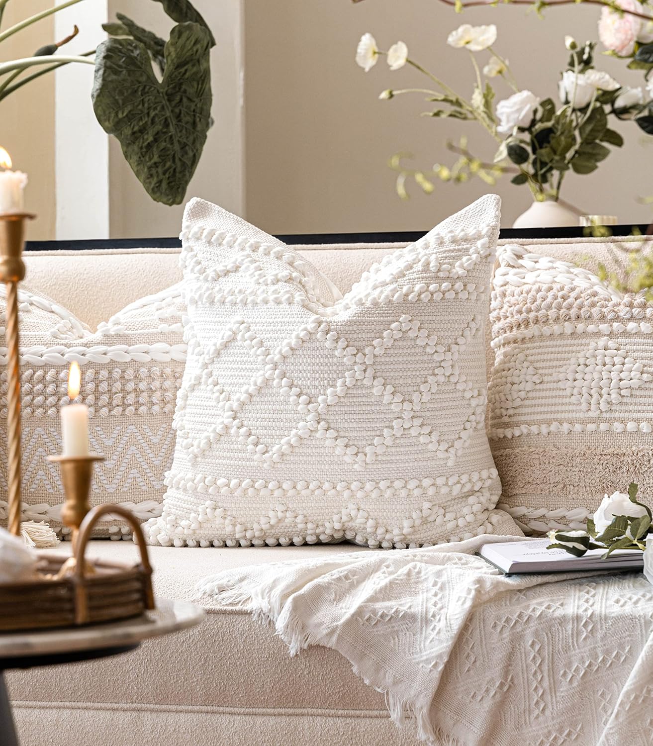 BlissBlush Pure White Decorative Throw Pillow Cover 22X22, Boho Accent Pillow for Couch, Square Modern Farmhouse Pillowcase for Living Room Couch Sofa Cushion Home Décor (Pack of 1)