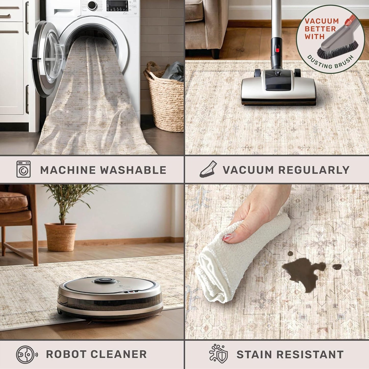 Long Ivory Farmhouse Hallway 2'6''x8' Runner Rug, Washable Non Slip Runner for Kitchen, Entryway, Low Pile Floral Stain Resistant Neutral Rugs