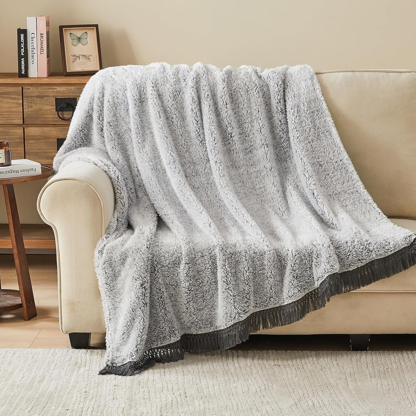 EMME Soft Sherpa Fleece Blanket with Tassel, Reversible Plush Fluffy Large Blanket, Light Weight Warm Decorative Boho Blanket Cover for Sofa, Couch, Bedroom,Travel(Tassel Grey,108"x90")