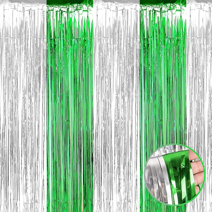 4 Pack Silver Green Foil Fringe Curtain Backdrop, 3.28Ft x 9.8Ft Metallic Tinsel Foil Fringe Streamers Curtains for Photo Booth, Wedding, Mardi Gras, Birthday Carnival St Patrick Day Party Decoration