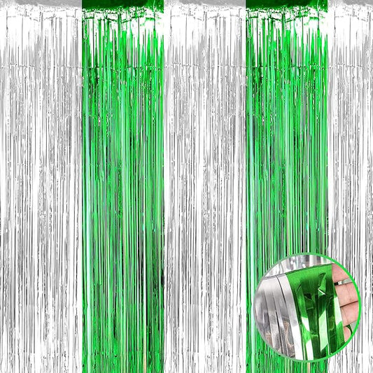4 Pack Silver Green Foil Fringe Curtain Backdrop, 3.28Ft x 9.8Ft Metallic Tinsel Foil Fringe Streamers Curtains for Photo Booth, Wedding, Mardi Gras, Birthday Carnival St Patrick Day Party Decoration