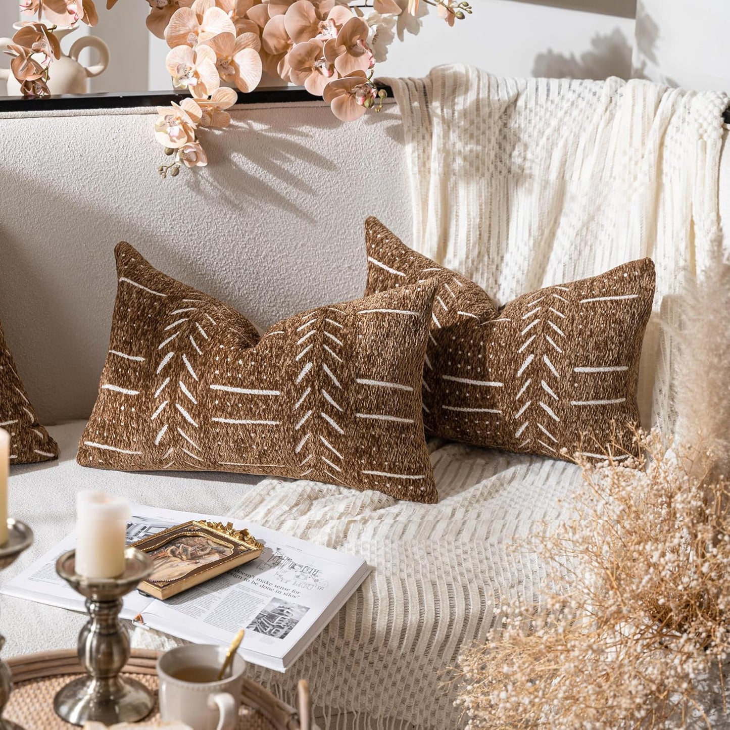 BlissBlush Fall Brown Decorative Lumbar Throw Pillow Covers 12X20, Set of 2, Boho Farmhouse Cushion Cover, Soft Accent Pillowcase for Couch Sofa Bed Living Room Home Décor