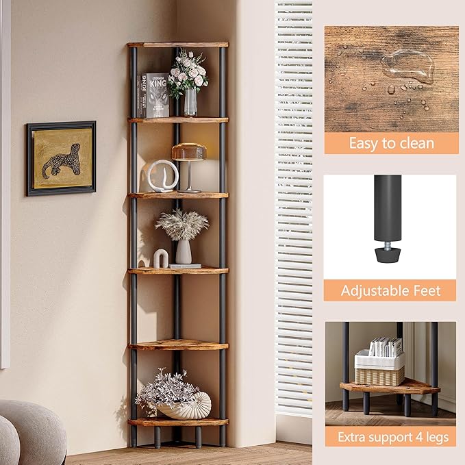 6 Tier Corner Shelf, 66.5'' Tall Standing Shelf, Narrow Display Shelf Stand, Modern Corner Bookshelf, Plant Stand, Corner Bookcase for Living Room, Bedroom, Bathroom, Rustic Brown LCS502R
