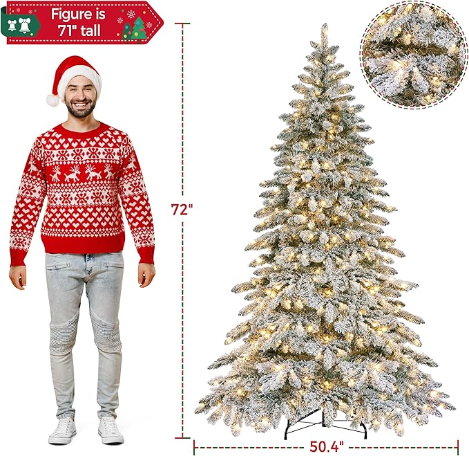 Yaheetech 6ft Pre-Lit Artificial Christmas Tree with 400 Warm White LED Lights & 940 PVC Tips,Hinged Snow Flocked Xmas Tree with Foldable Stand & Protective Foot Caps,Green & White