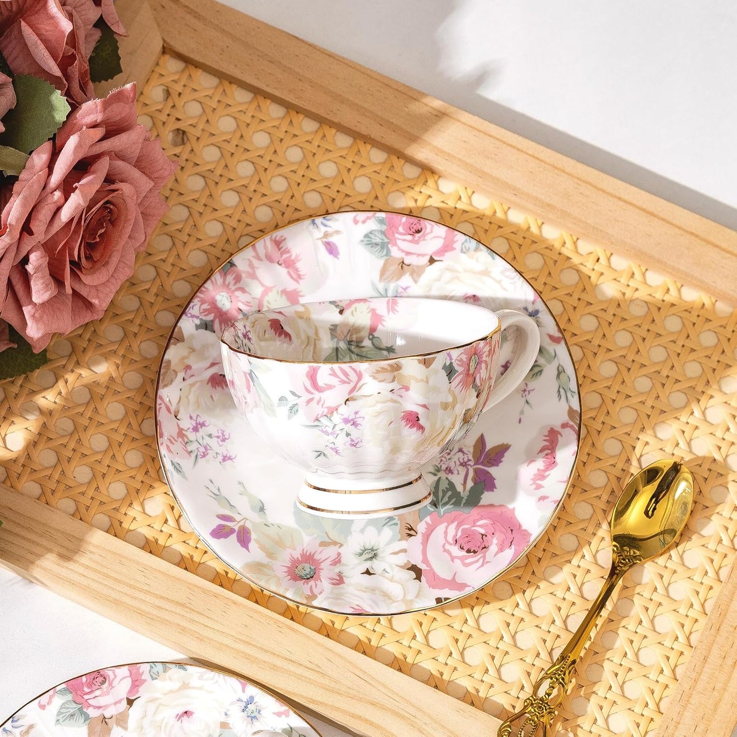fanquare Pink Floral Tea Cup and Saucer Set with Spoon, 8 Ounce Porcelain Coffee Cup with Gold Trim, Vintage Peony Teacups for Women and Tea Parties