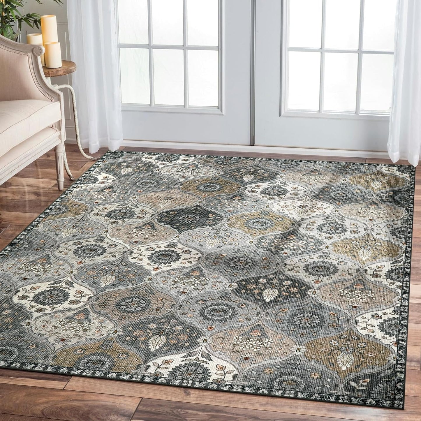 Lahome Moroccan Washable Area Rug 6x9, Ultra-Thin Large Living Room Rugs for Bedroom, Oriental Trellis Distressed Non Shedding Throw Carpet for Dining Room Office, Grey