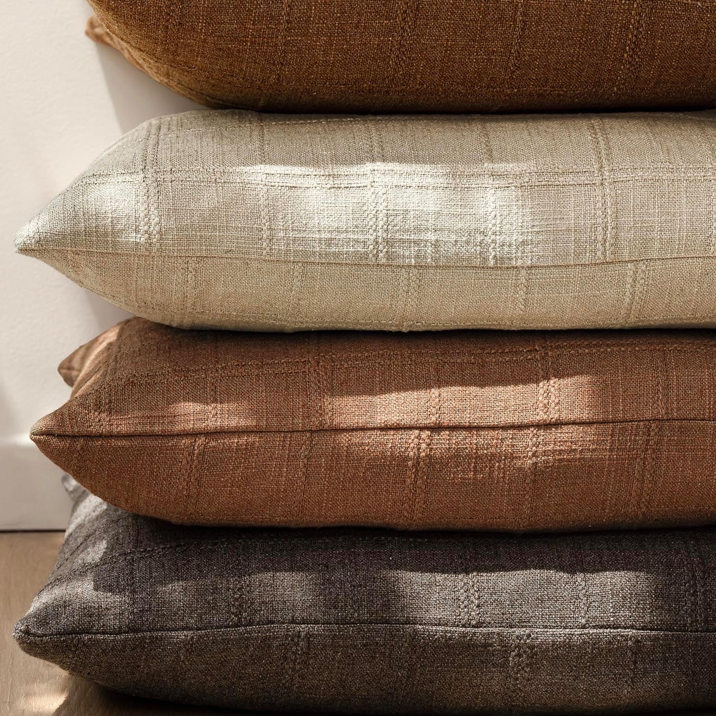 Foindtower Set of 2 Decorative Linen Check Throw Pillow Covers Neutral Farmhouse Vintage Cushion Covers Modern Boho Home Decor for Sofa Chair Couch Bedroom Living Room,26×26 Inch,Dark Brown